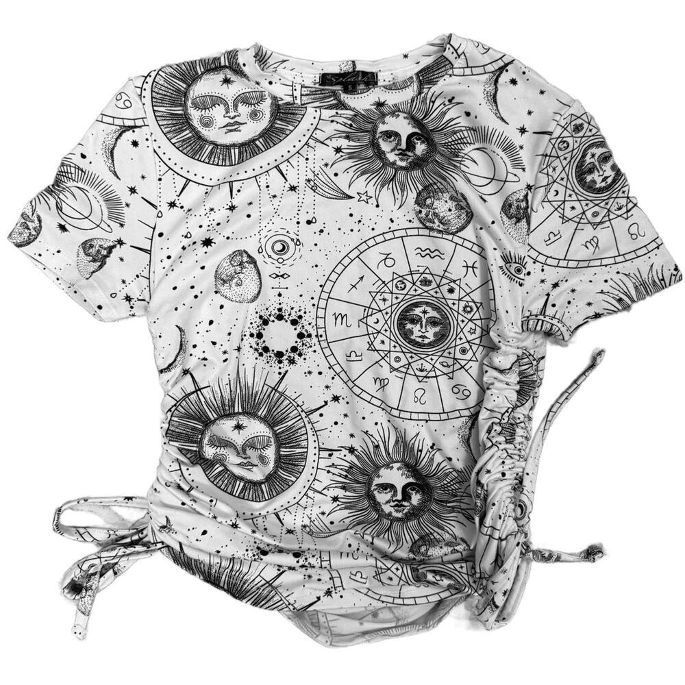 Splendid White Sun and Zodiac Print Short Sleeve Shirt with Side Drawstrings